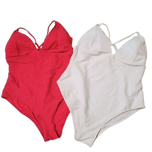 Womens H&M‎ Red & White Ribbed One-Piece Swimsuits Lot Size Sexy Summer Tropical - Picture 1 of 8